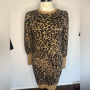 LOFT Cheetah Leopard-Print Long Sleeve Knit Sweater Dress in Tan and Black
